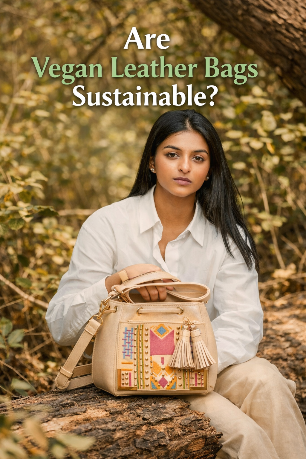 plant based leather handbag showing sustainable vegan leather alternative by Green Hermitage