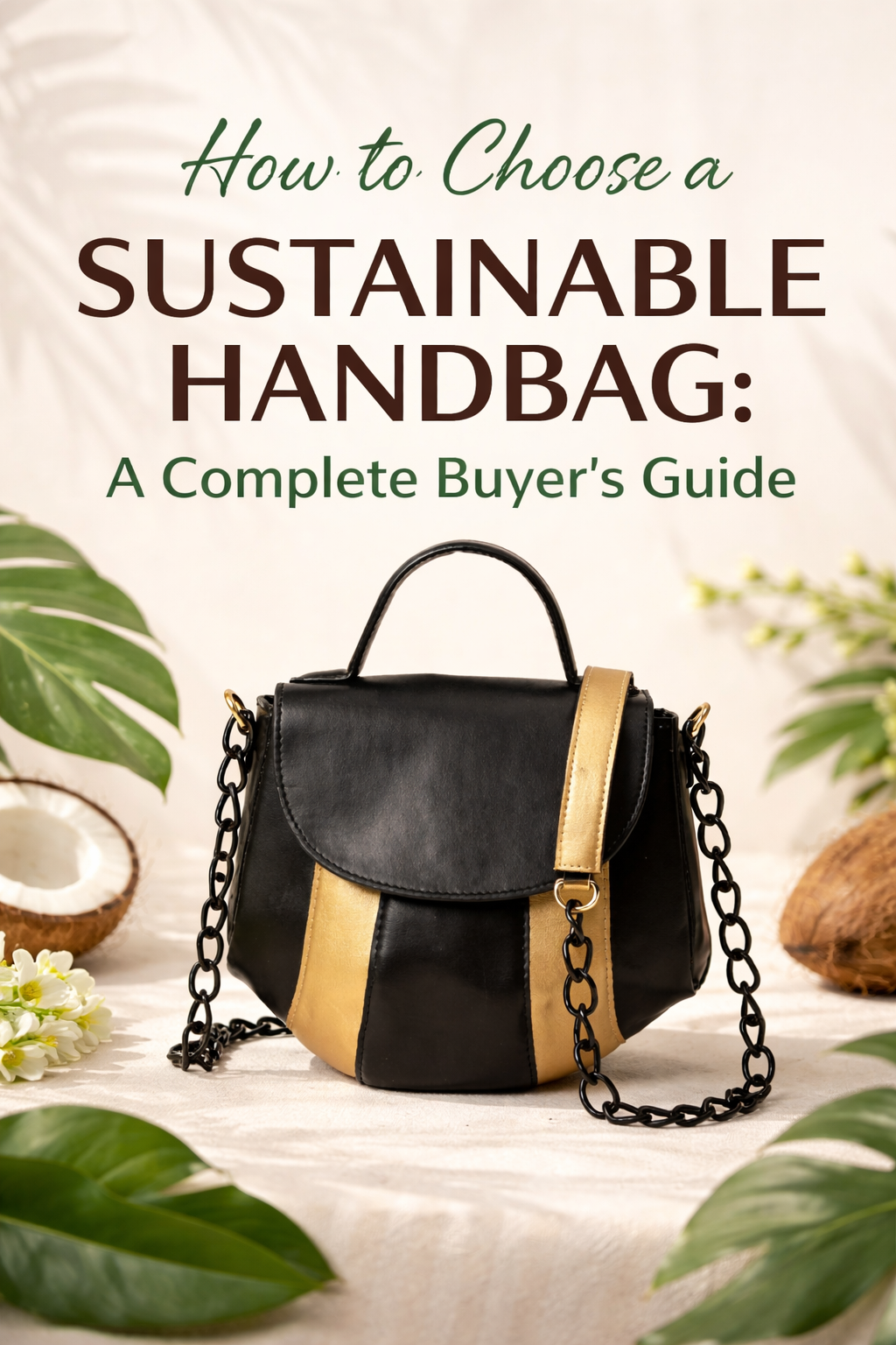 How to choose a sustainable handbag guide with plant-based leather crossbody bag in black and gold, eco-friendly materials and natural background