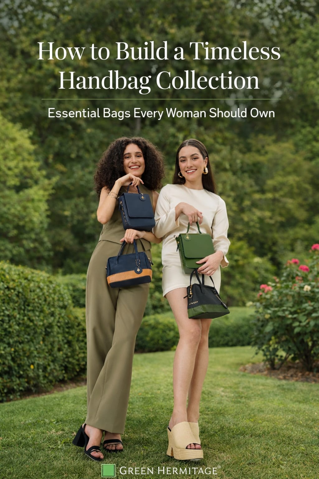 Timeless handbag collection featuring plant leather tote, shoulder, and satchel bags by Green Hermitage in an outdoor garden setting