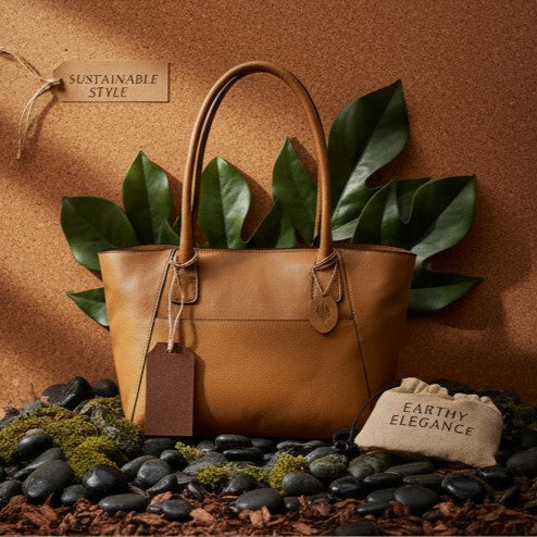 Plant-based leather tote bag in brown with a structured design, styled with greenery and natural elements, representing sustainable luxury by Green Hermitage