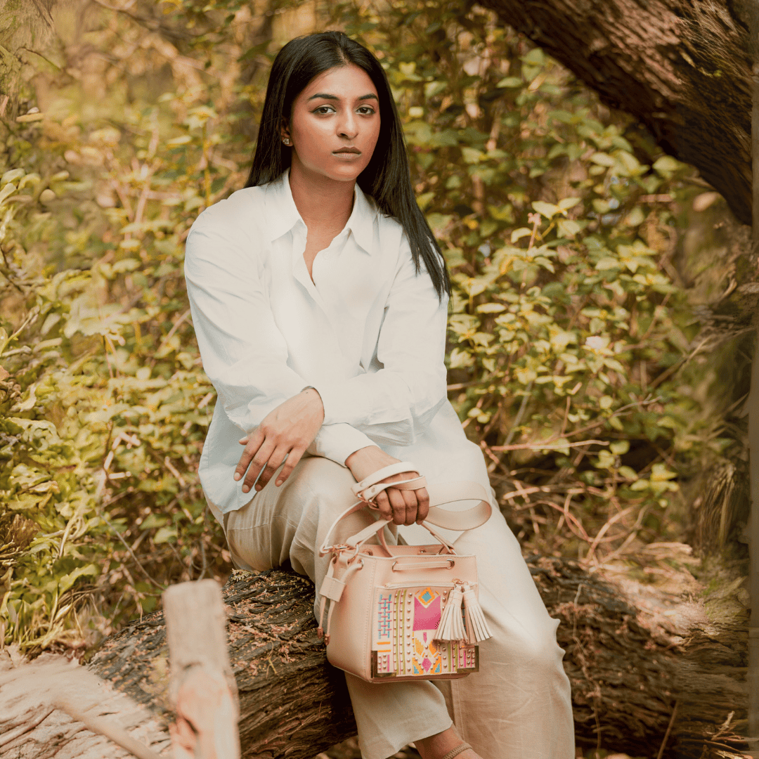 Nora Vegan Leather Embroidered Sling Bag - Almond