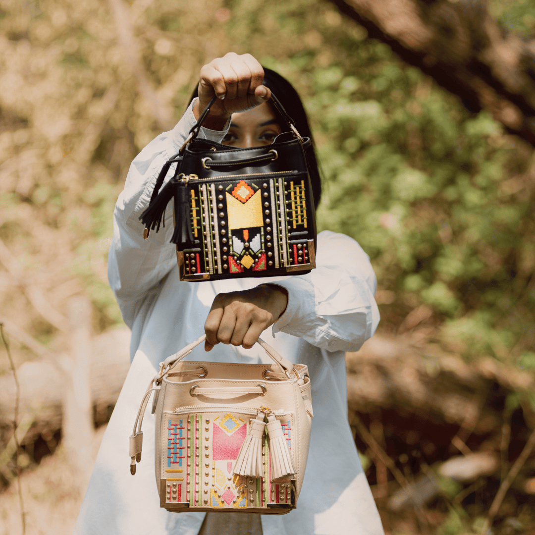 Nora Vegan Leather Embroidered Sling Bag - Almond