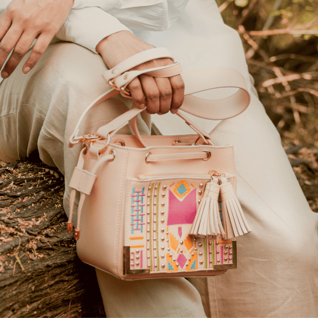 Nora Vegan Leather Embroidered Sling Bag - Almond