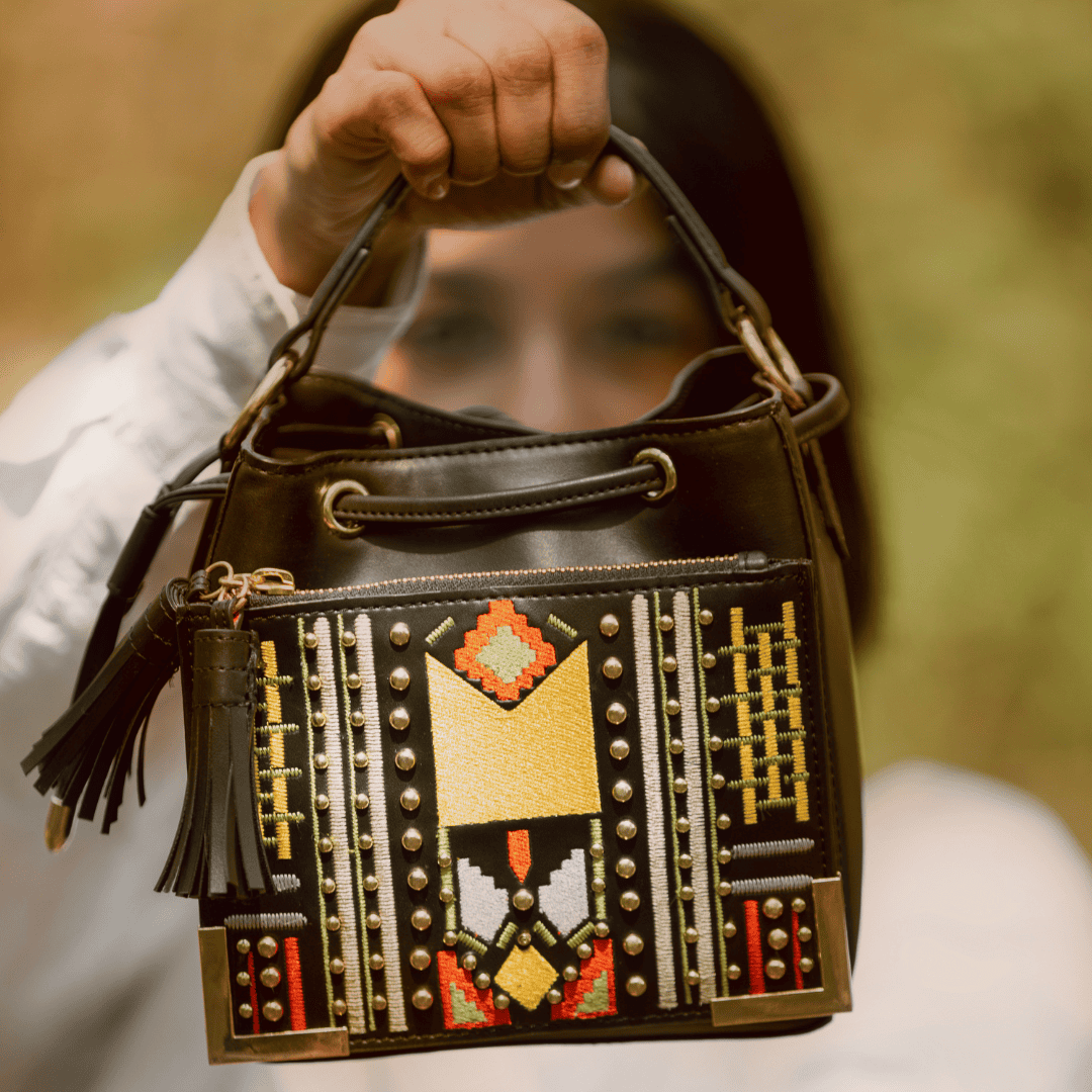 Nora Vegan Leather Embroidered Sling Bag - Black