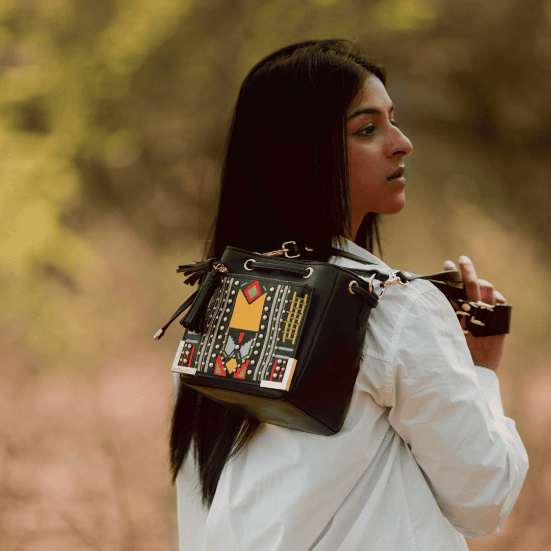 Nora Vegan Leather Embroidered Sling Bag - Black