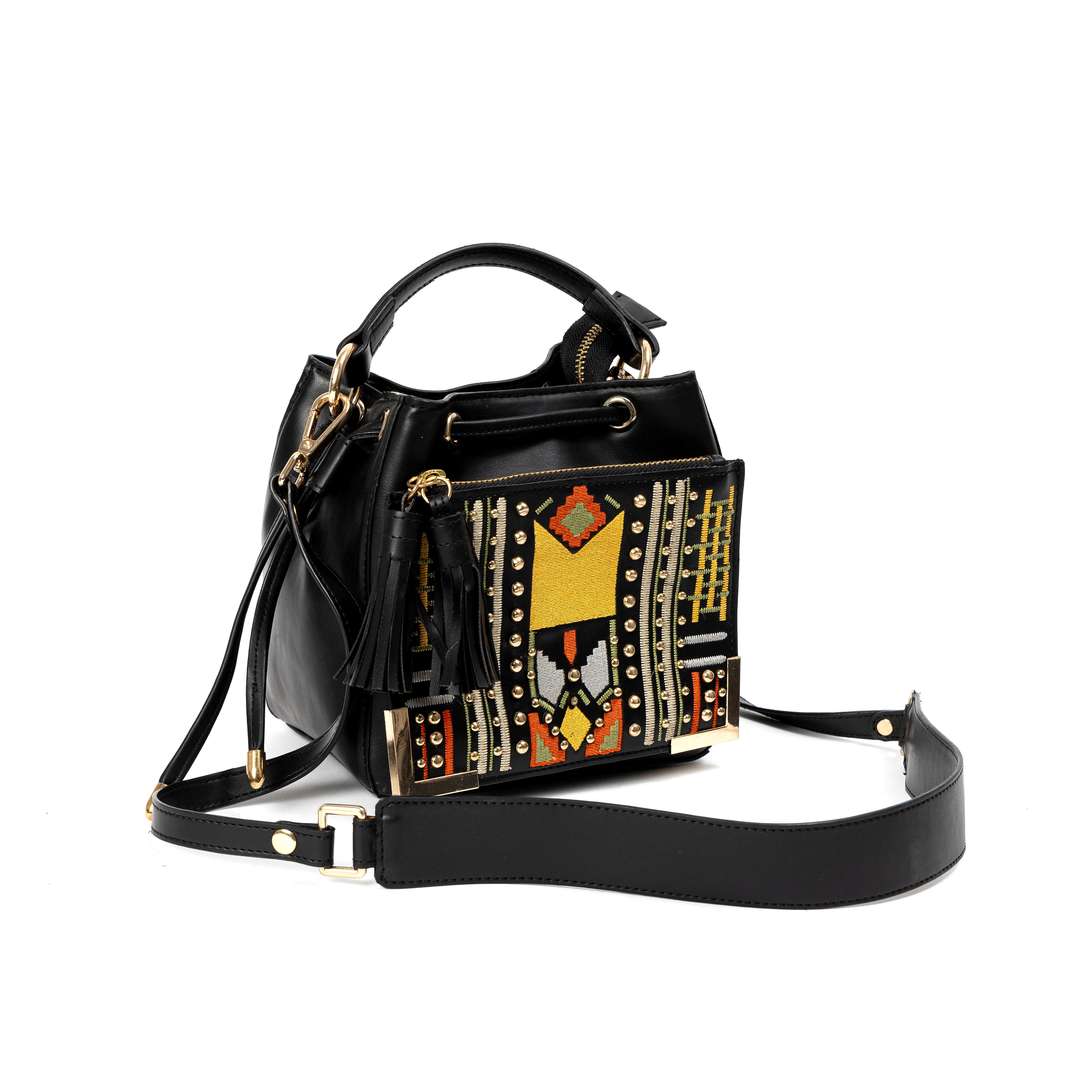 Nora Vegan Leather Embroidered Sling Bag - Black