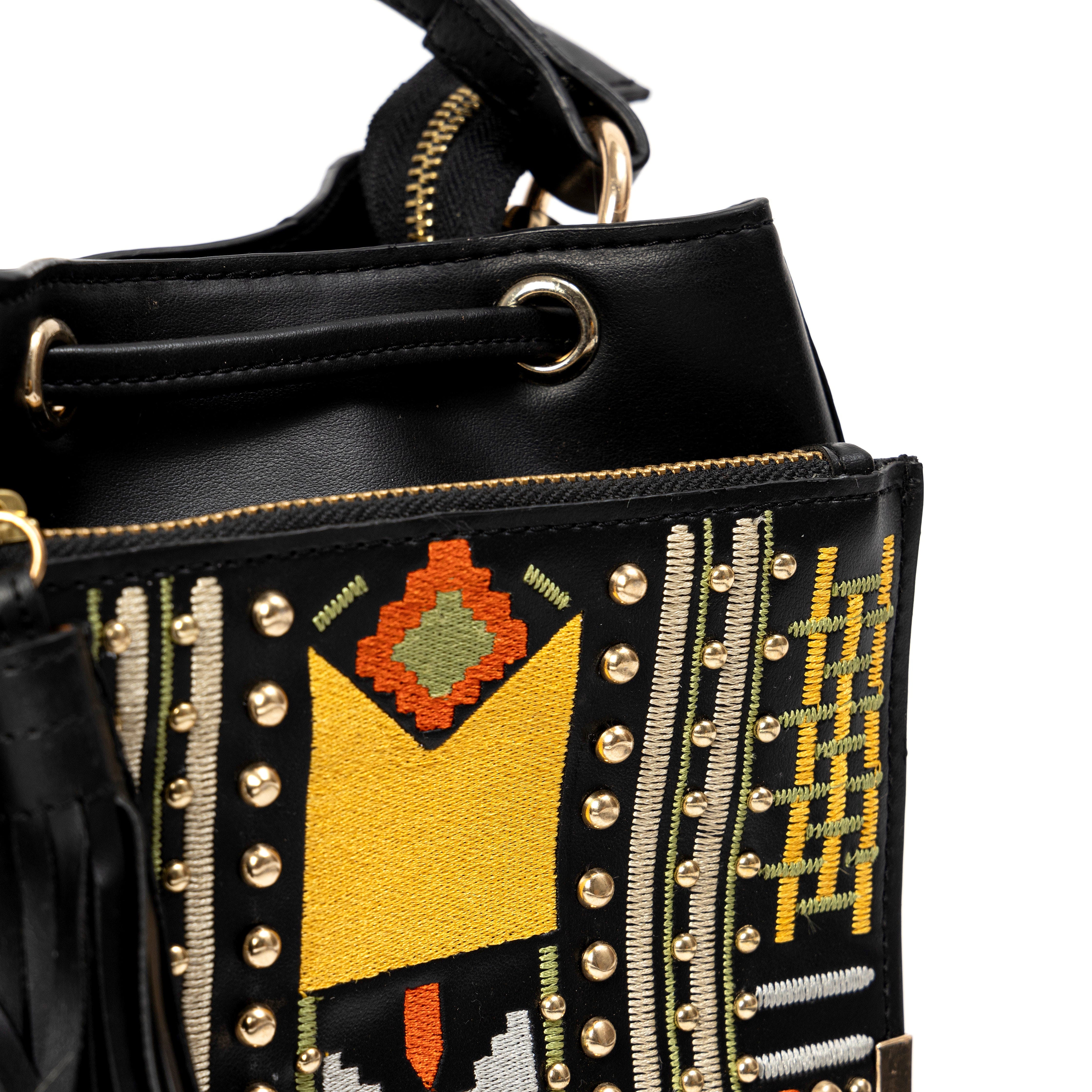 Nora Vegan Leather Embroidered Sling Bag - Black