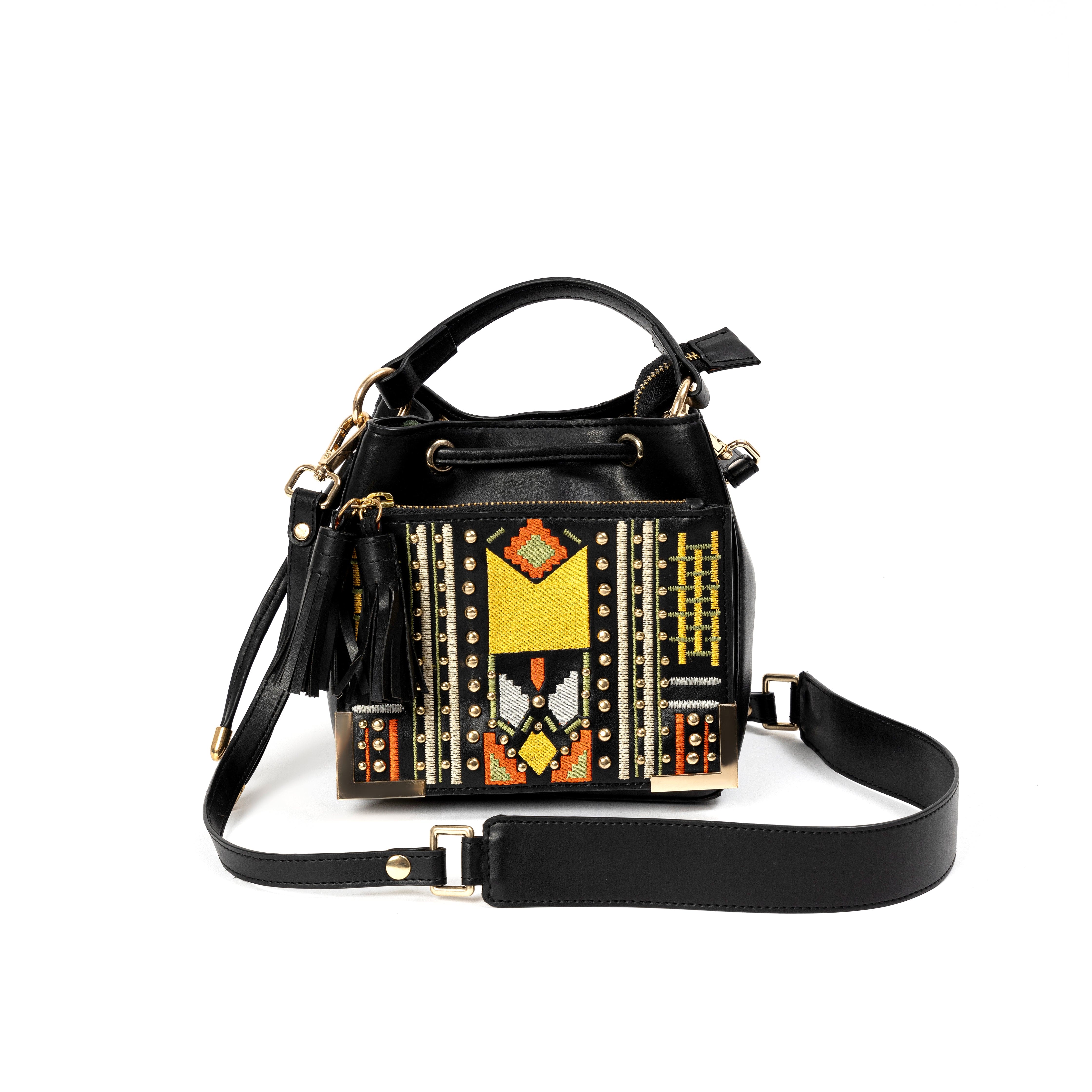 Nora Vegan Leather Embroidered Sling Bag - Black