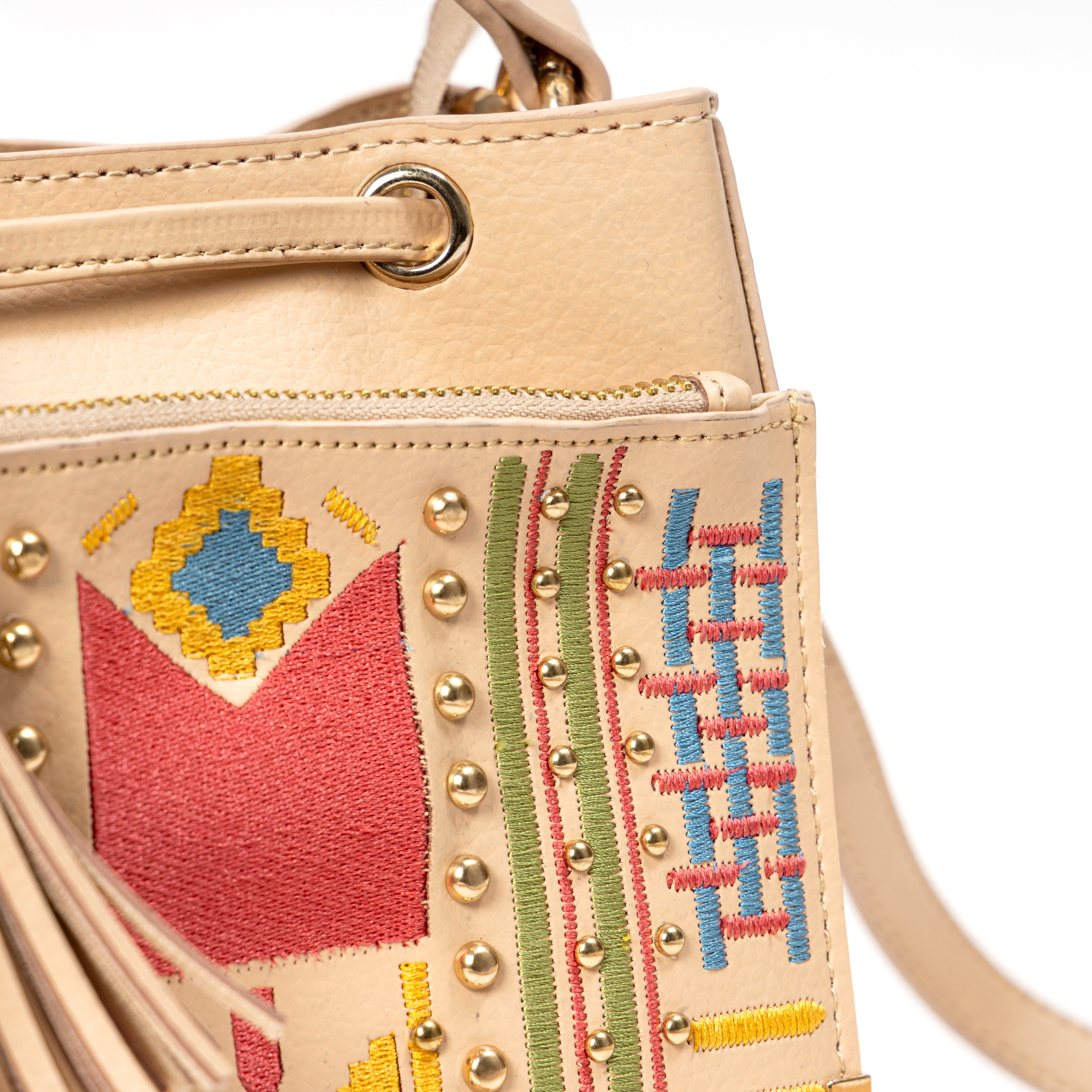 Nora Vegan Leather Embroidered Sling Bag - Almond