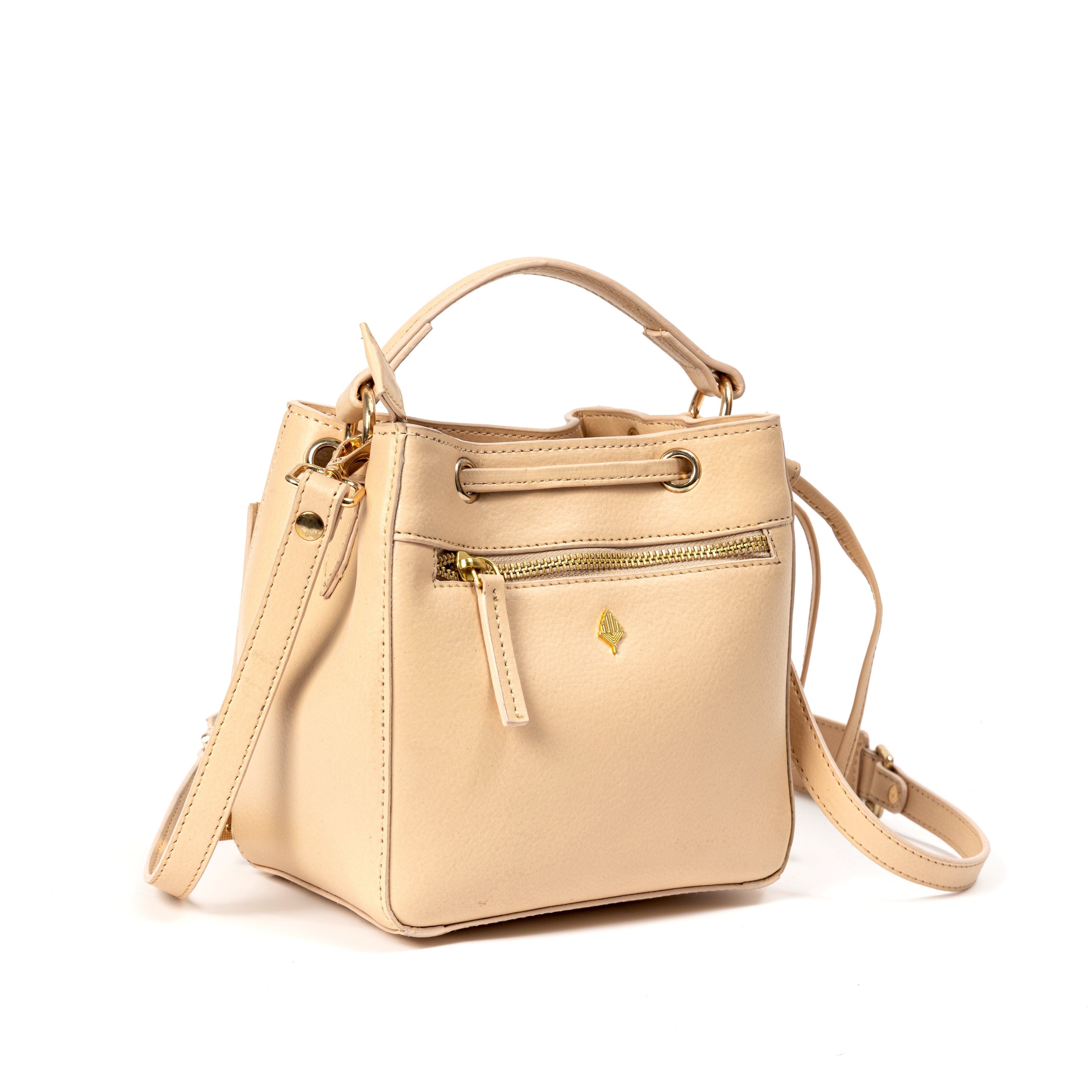 Nora Vegan Leather Embroidered Sling Bag - Almond