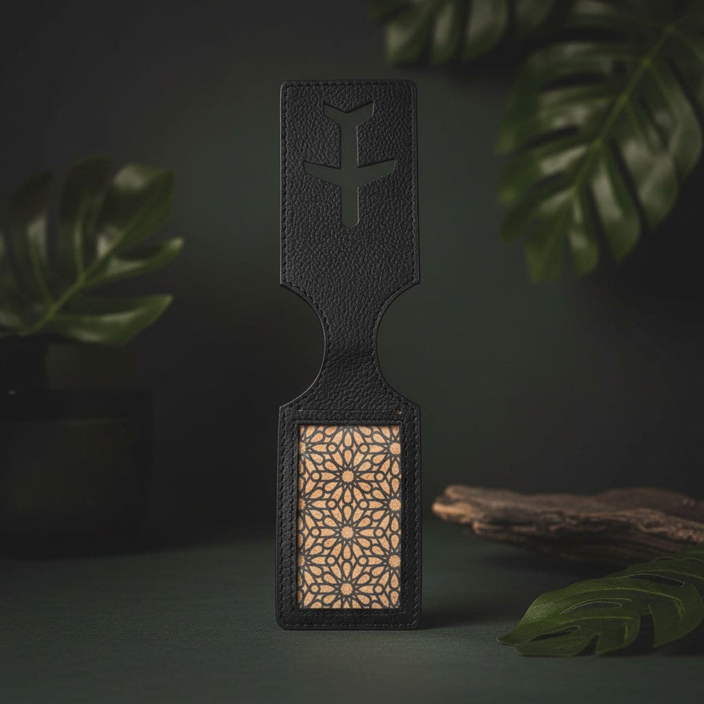 Black plant leather airplane luggage tag made with cork and sustainable materials