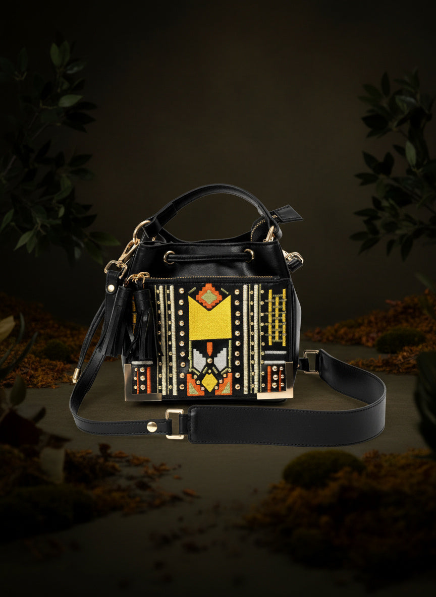 Nora Vegan Leather Embroidered Sling Bag - Black