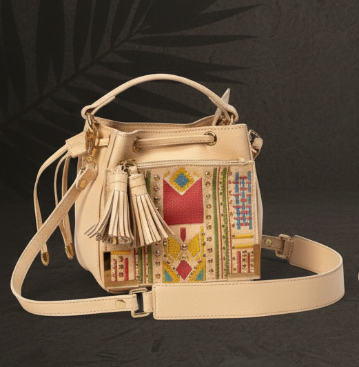 Nora Vegan Leather Embroidered Sling Bag - Almond