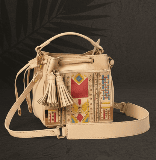 Nora Vegan Leather Embroidered Sling Bag – Almond