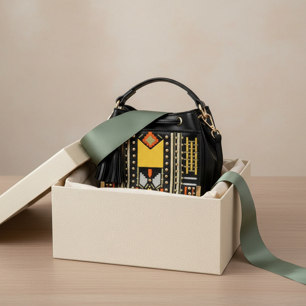 Nora Vegan Leather Embroidered Sling Bag - Black