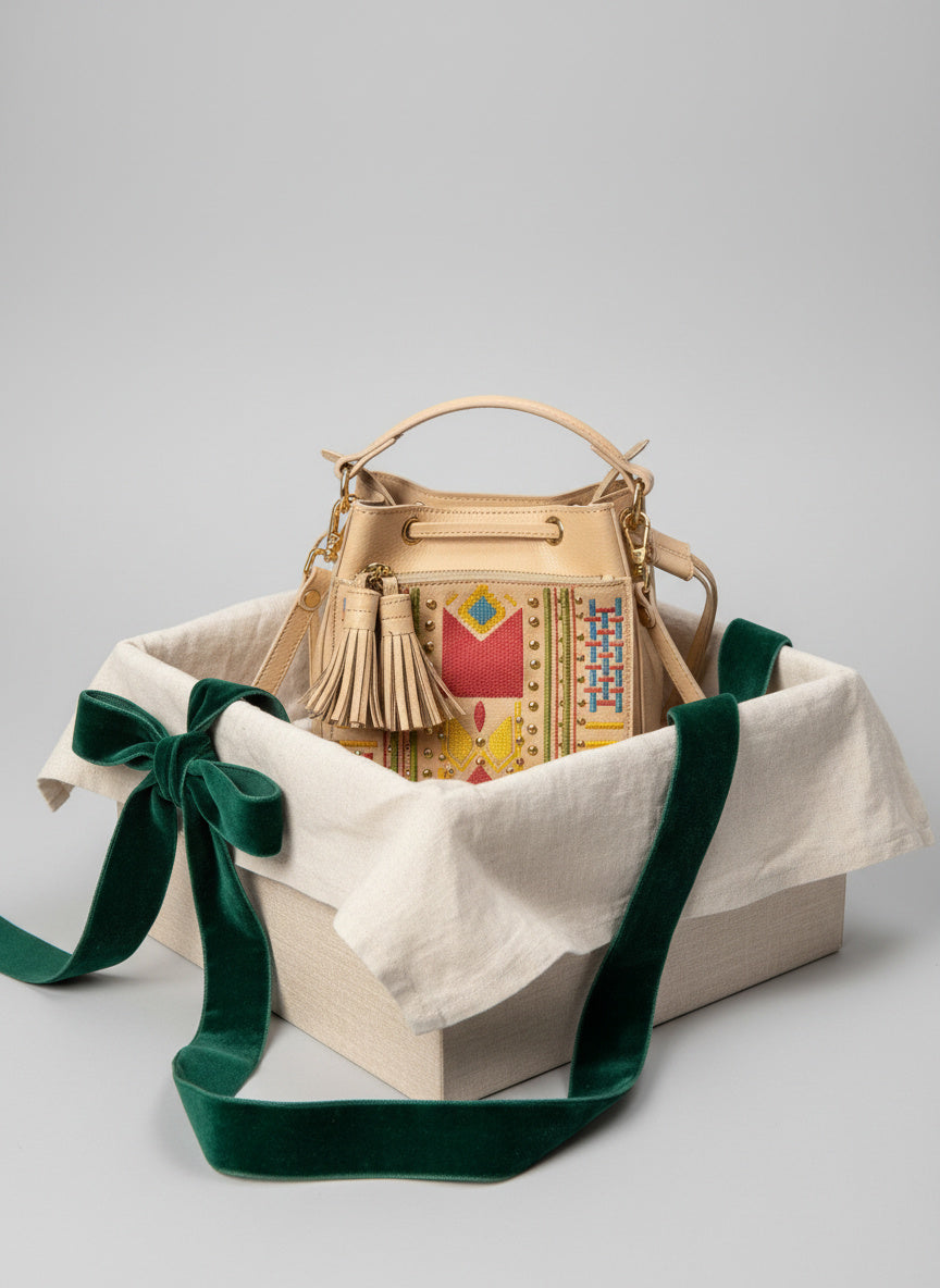 Nora Vegan Leather Embroidered Sling Bag - Almond