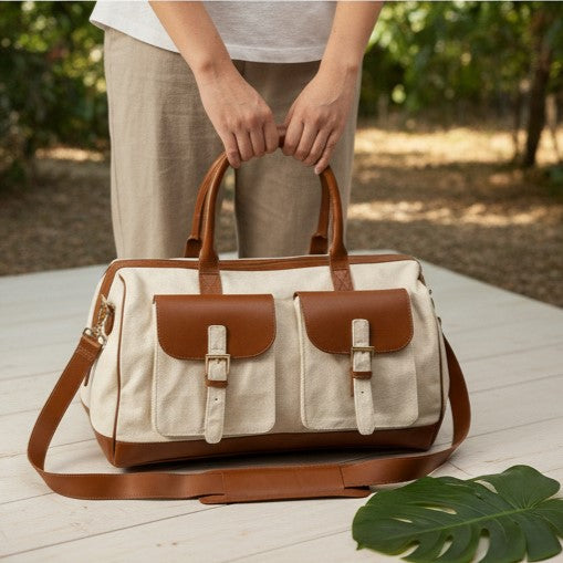 Ajax Vegan Leather Duffle Bag -Beige
