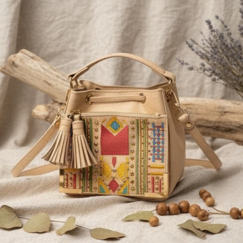 Nora Vegan Leather Embroidered Sling Bag - Almond