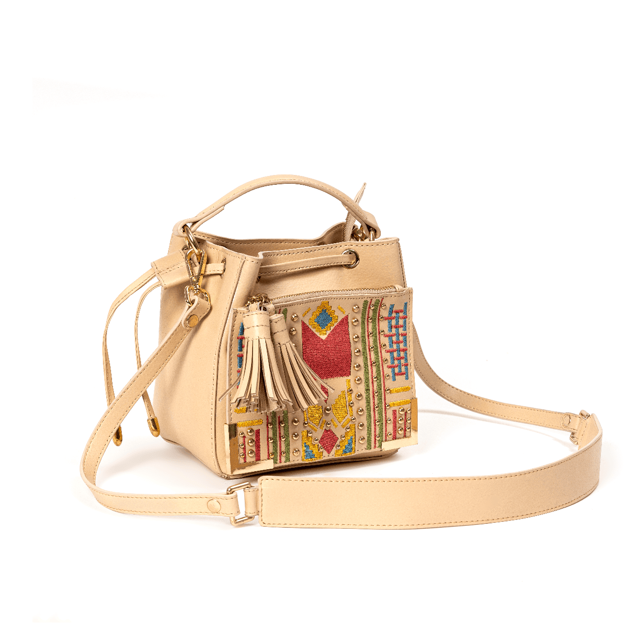 Nora Vegan Leather Embroidered Sling Bag - Almond