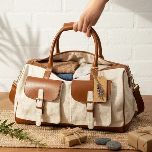 Ajax plant leather duffle bag in beige and gingerbread colour shown open with packed essentials, highlighting spacious interior and travel functionality