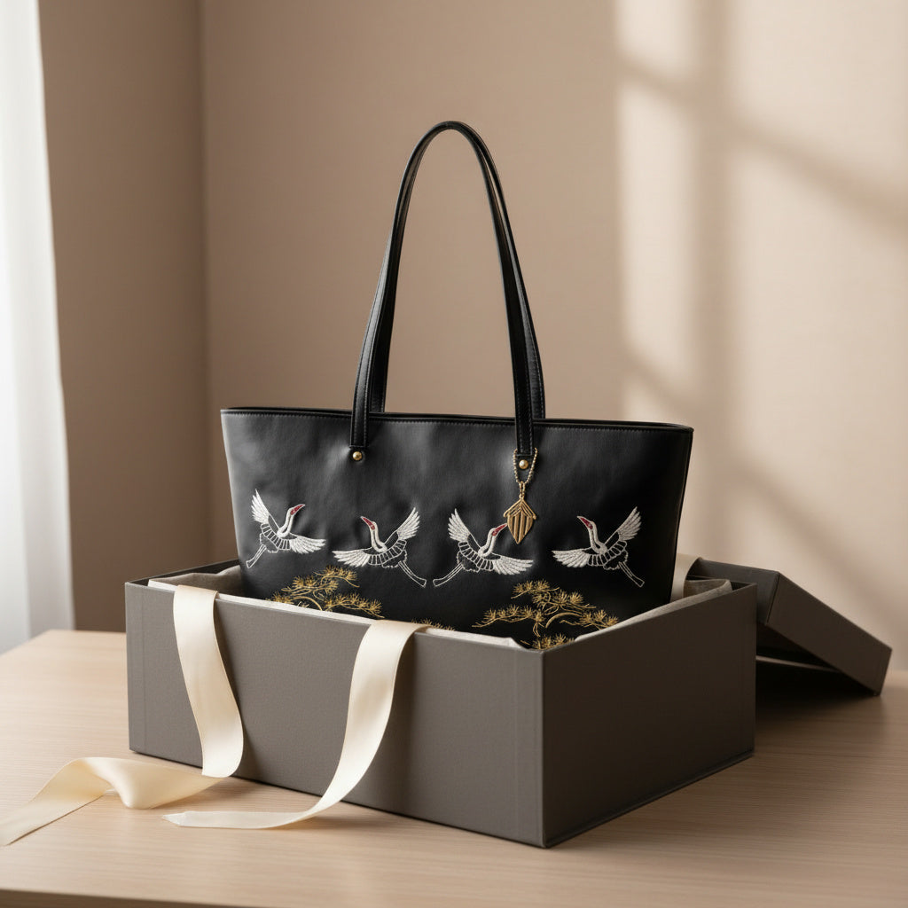 Antheia black embroidered plant-based leather tote bag placed in a gift box, showcasing premium packaging and sustainable luxury gifting appeal