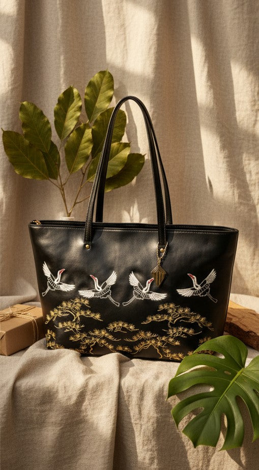 Antheia black embroidered plant-based leather tote bag with gold detailing displayed with natural leaves, highlighting sustainable luxury and nature-inspired design