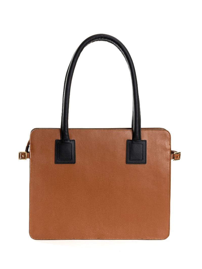 Aranyani plant-based leather tote bag in gingerbread and black colour back view showing structured design and dual handles on a clean background