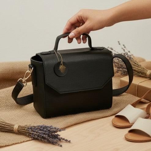 Asteria black plant-based leather crossbody bag held by hand on a textured surface with natural elements, highlighting size, structure, and everyday usability