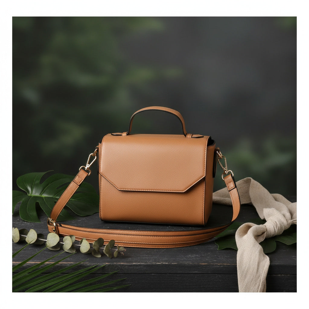 Asteria caramel plant-based leather crossbody bag placed on a dark surface with green foliage, highlighting structured design and natural tone