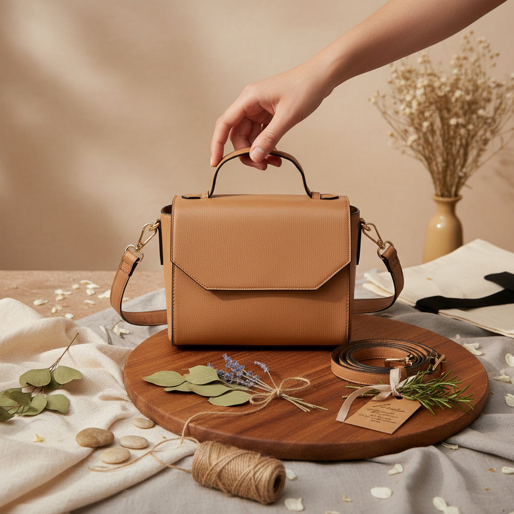 Asteria caramel plant-based leather crossbody bag displayed on a wooden tray with natural elements, highlighting texture and structured design