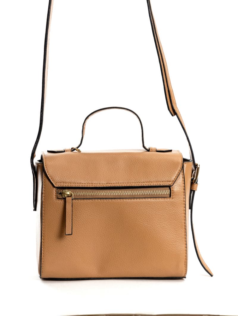Asteria caramel vegan leather crossbody bag back view showing rear zip pocket and adjustable strap detail