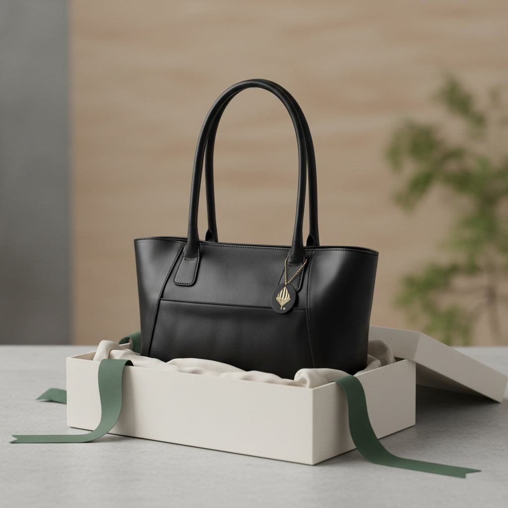 Athena black plant-based leather tote bag presented in premium gift packaging highlighting sustainable luxury gifting