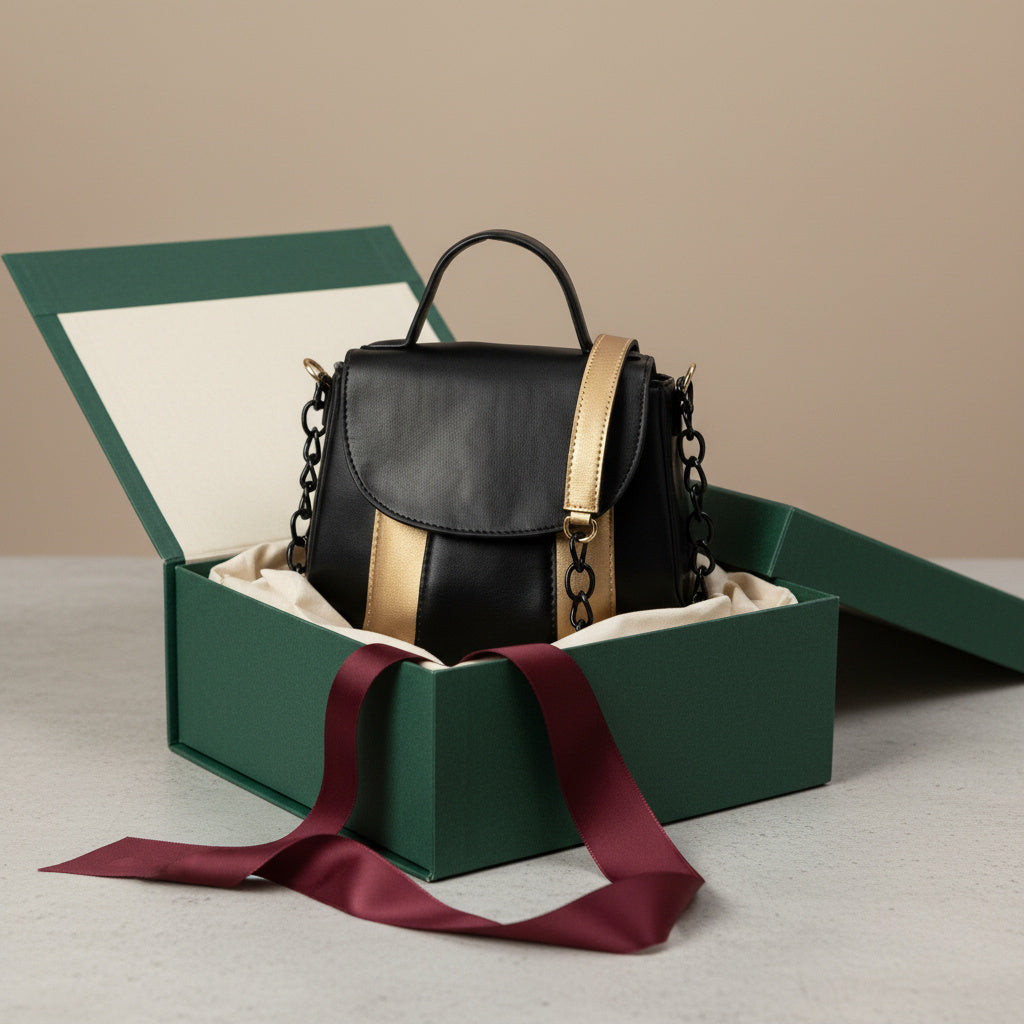 Aurora black and gold plant-based leather sling bag placed inside a green gift box on a neutral background