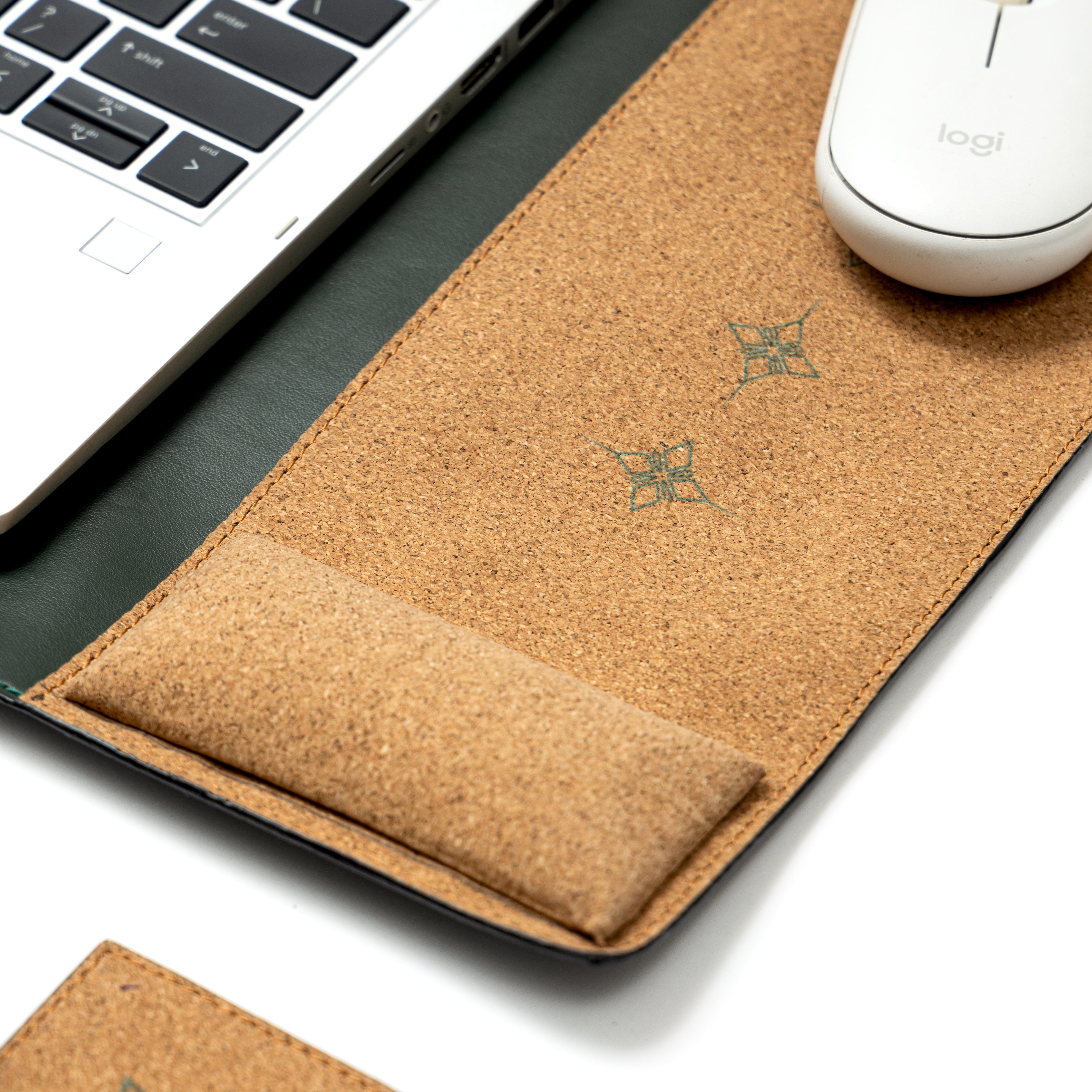 Basil cork mouse pad and plant leather desk mat from Green Hermitage office desk accessories set