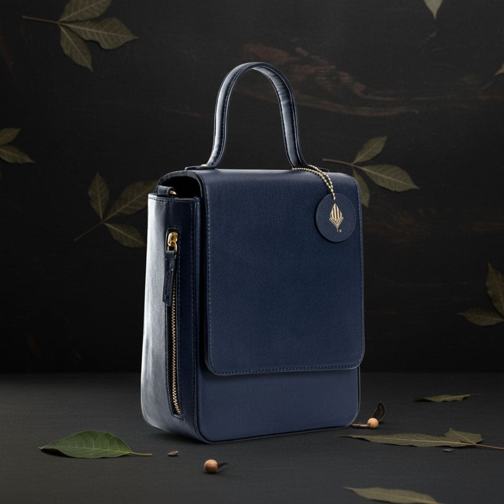 Ceres navy blue plant-based leather crossbody bag with gold hardware on dark background with leaves