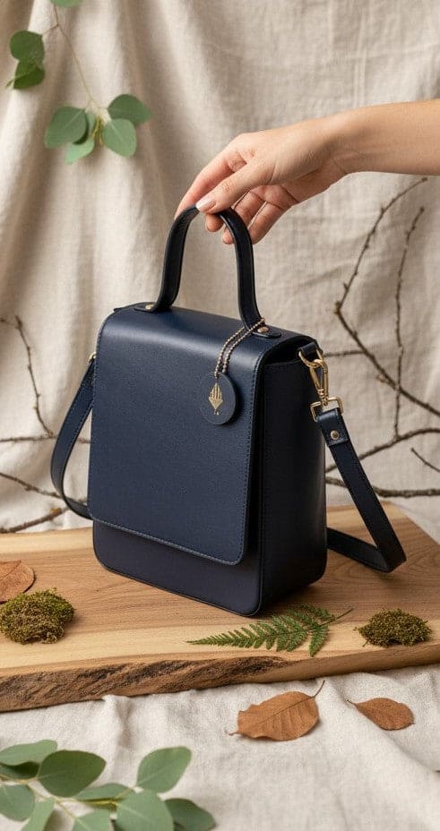 Ceres navy blue plant-based leather crossbody bag held by hand on wooden surface with natural background