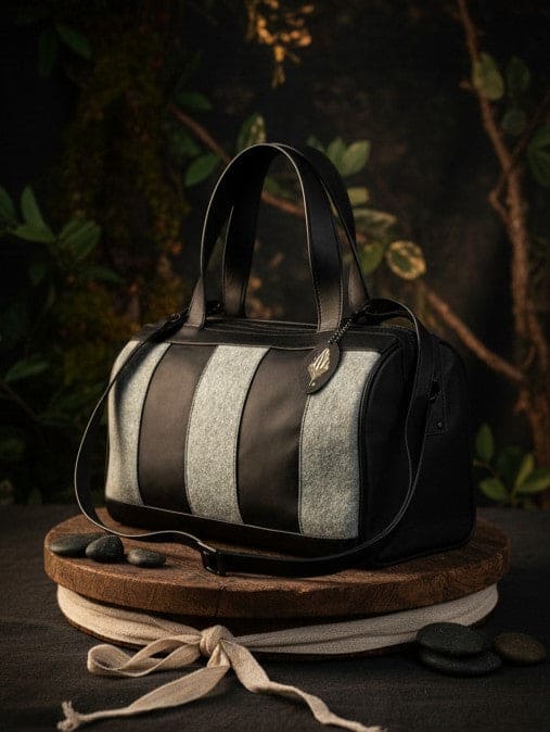 Chloris plant leather bowler bag in black and dark grey handcrafted from cactus leather and Malai leather, shown from the front with dual handles.