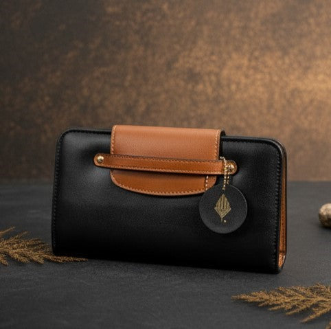 Cybele plant leather women's wallet in black and gingerbread made from apple leather by Green Hermitage