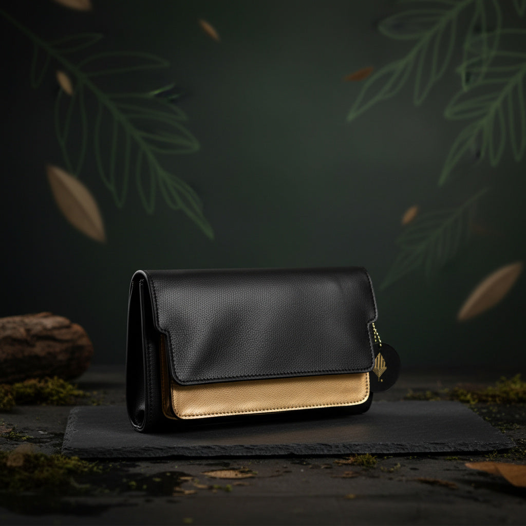 Fides plant leather women's wallet in black and gold made from cactus leather by Green Hermitage