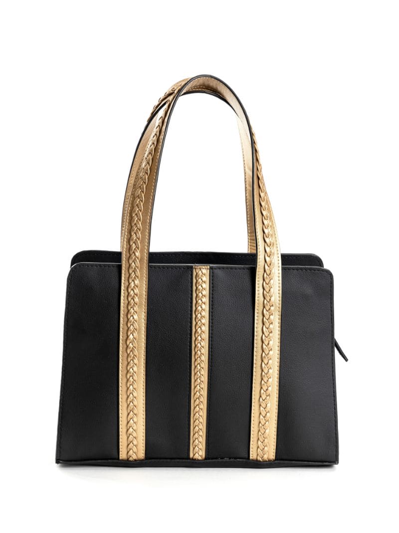 Gaia black and gold plant leather shoulder bag front view highlighting structured design and vertical panel detailing on a clean background