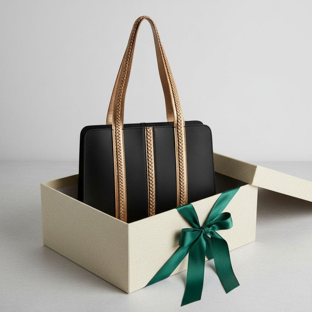 Gaia black and gold plant leather shoulder bag placed in a gift box with ribbon, showcasing premium packaging