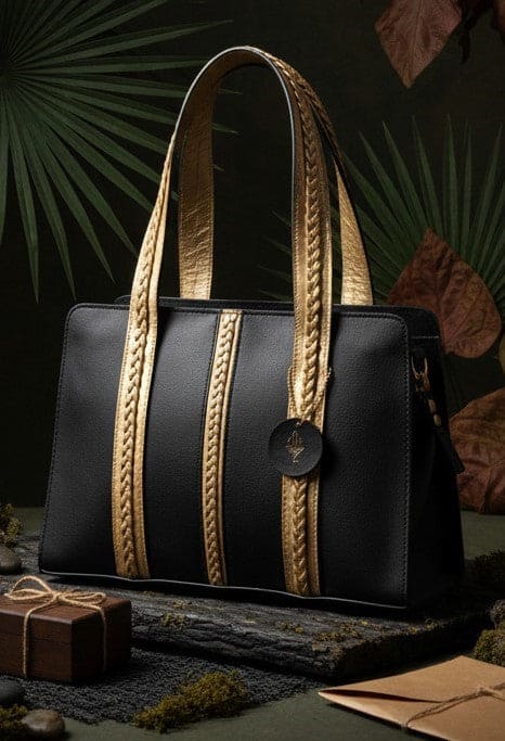 Gaia black and gold plant leather shoulder bag with structured silhouette and braided handles, displayed in a premium studio setting