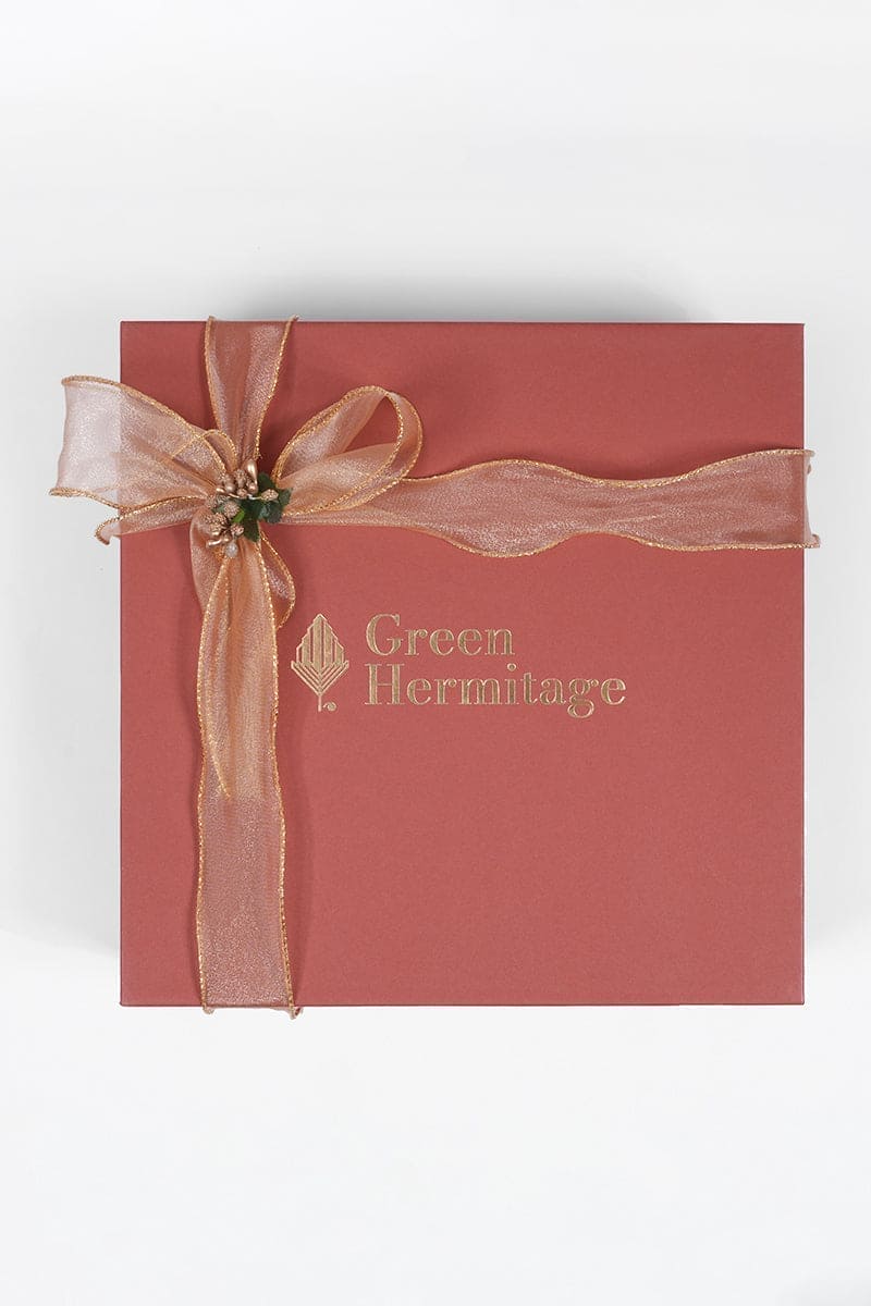 Green Hermitage luxury gift box with ribbon premium sustainable gift packaging