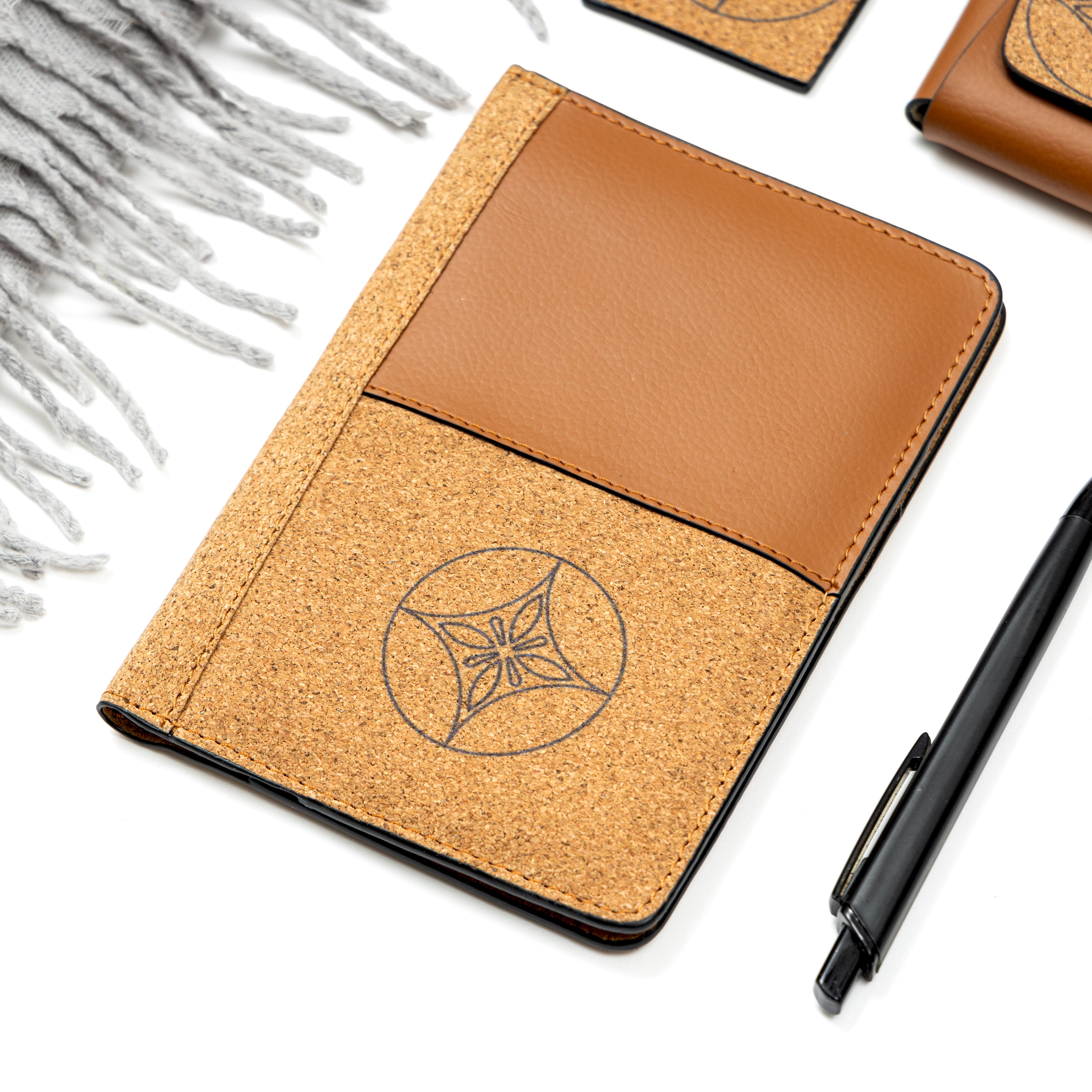 Plant leather passport holder with cork detailing from the Tan Holiday Travel Set by Green Hermitage