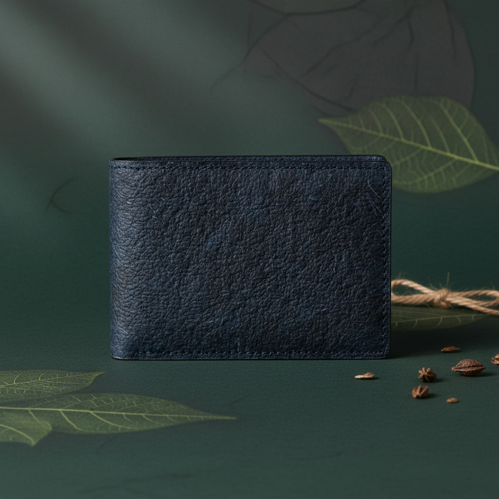 Helios plant leather men's wallet in dark indigo made from coconut leather by Green Hermitage