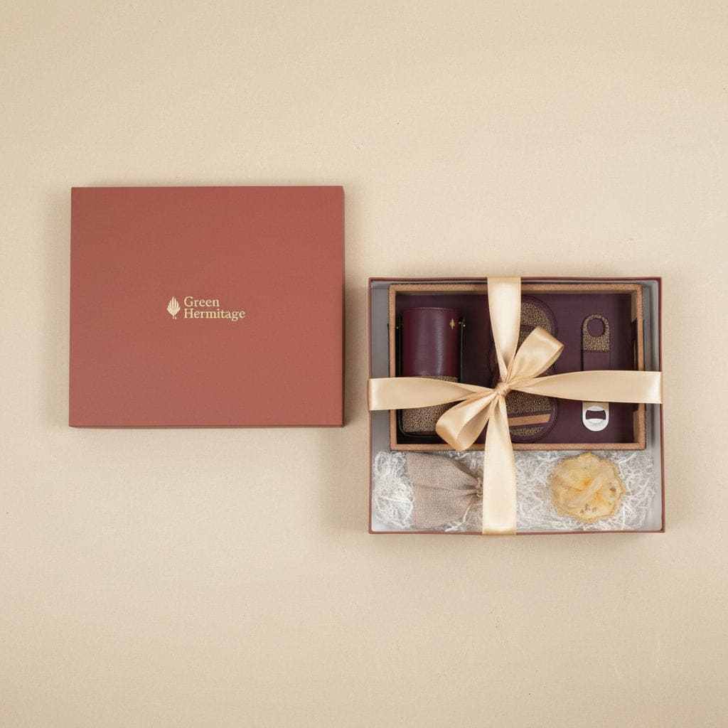 Luxury bar ensemble gift set in maroon with premium gift box packaging by Green Hermitage