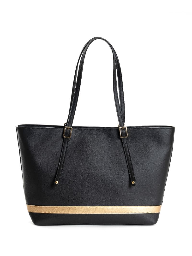 Minerva black plant leather tote bag front view with structured design and gold detailing