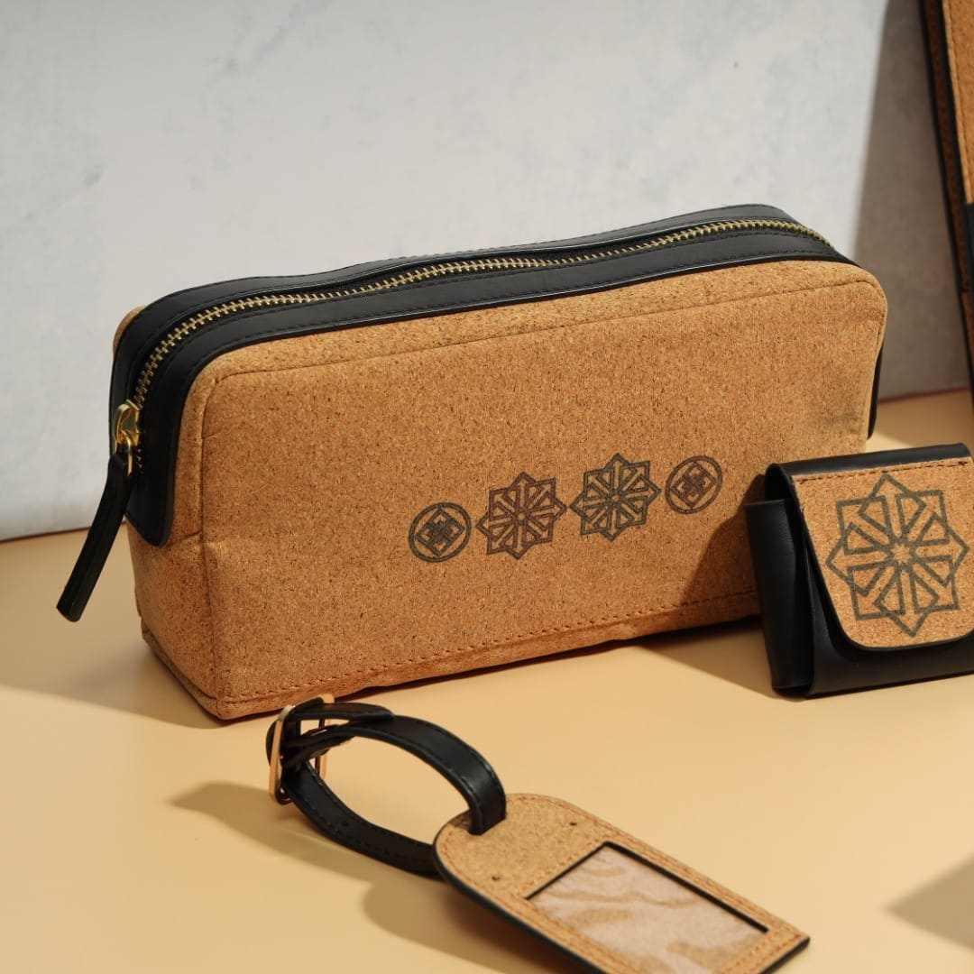 Noir Holiday Travel Set by Green Hermitage featuring plant leather vanity pouch, travel tag and AirPods cover