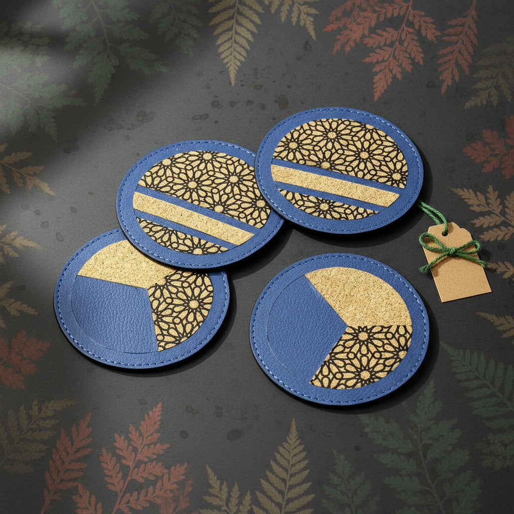 Plant leather coaster set in blue with cork detailing by Green Hermitage