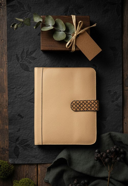 Plant leather diary and pen set in almond with cork strap closure by Green Hermitage